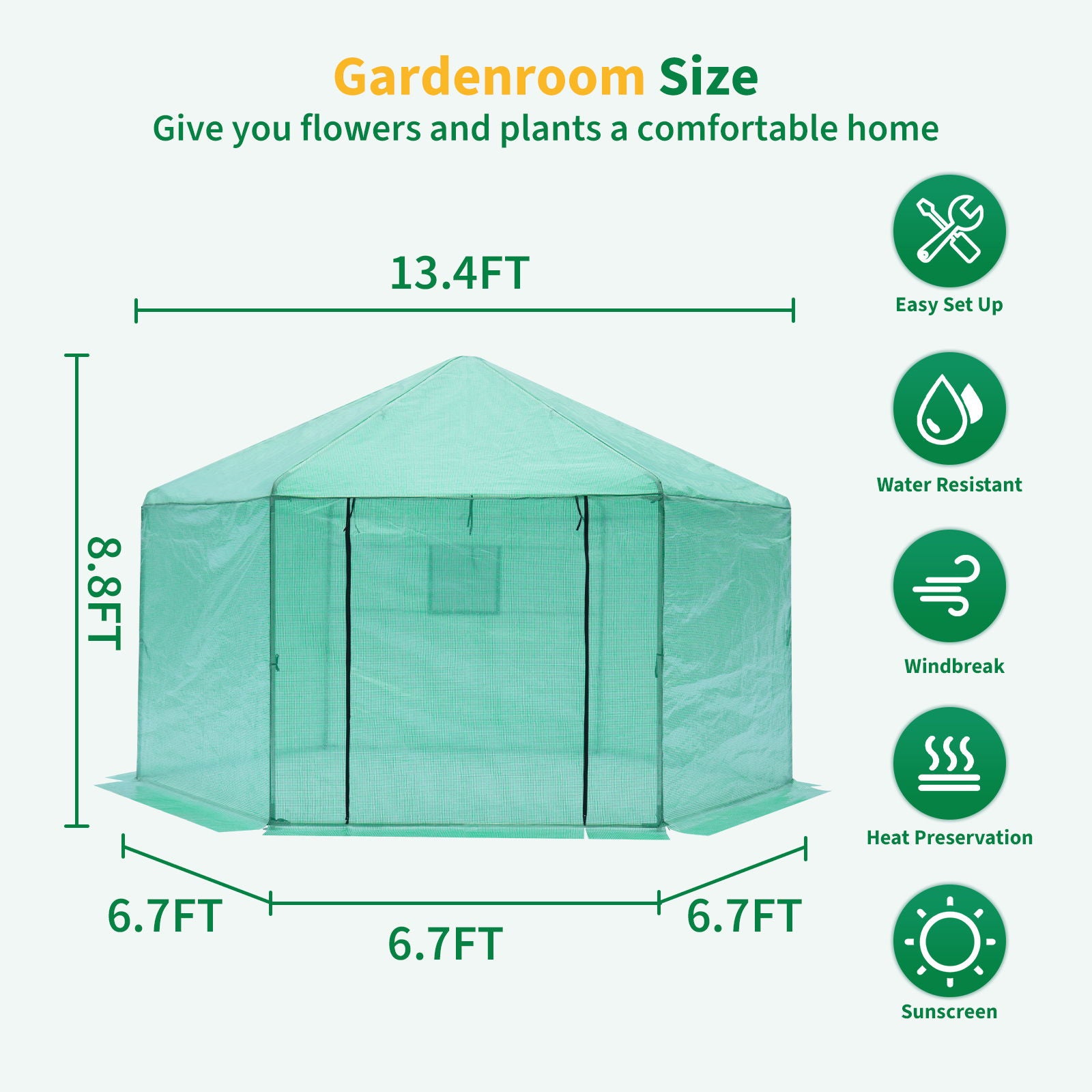 Walk-in Greenhouse Hexagonal Upgrade Reinforced Frame Heavy Duty Plastic Greenhouse Reinforced Thickened Waterproof Insulation (13.1*8.6 ft) - Green