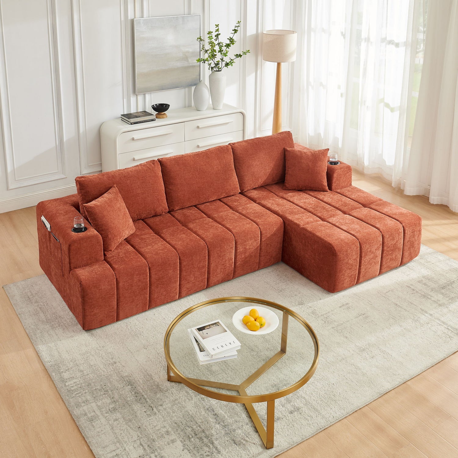 L - Shaped Sectional Sofa With Cup Holders &amp; Side Pockets