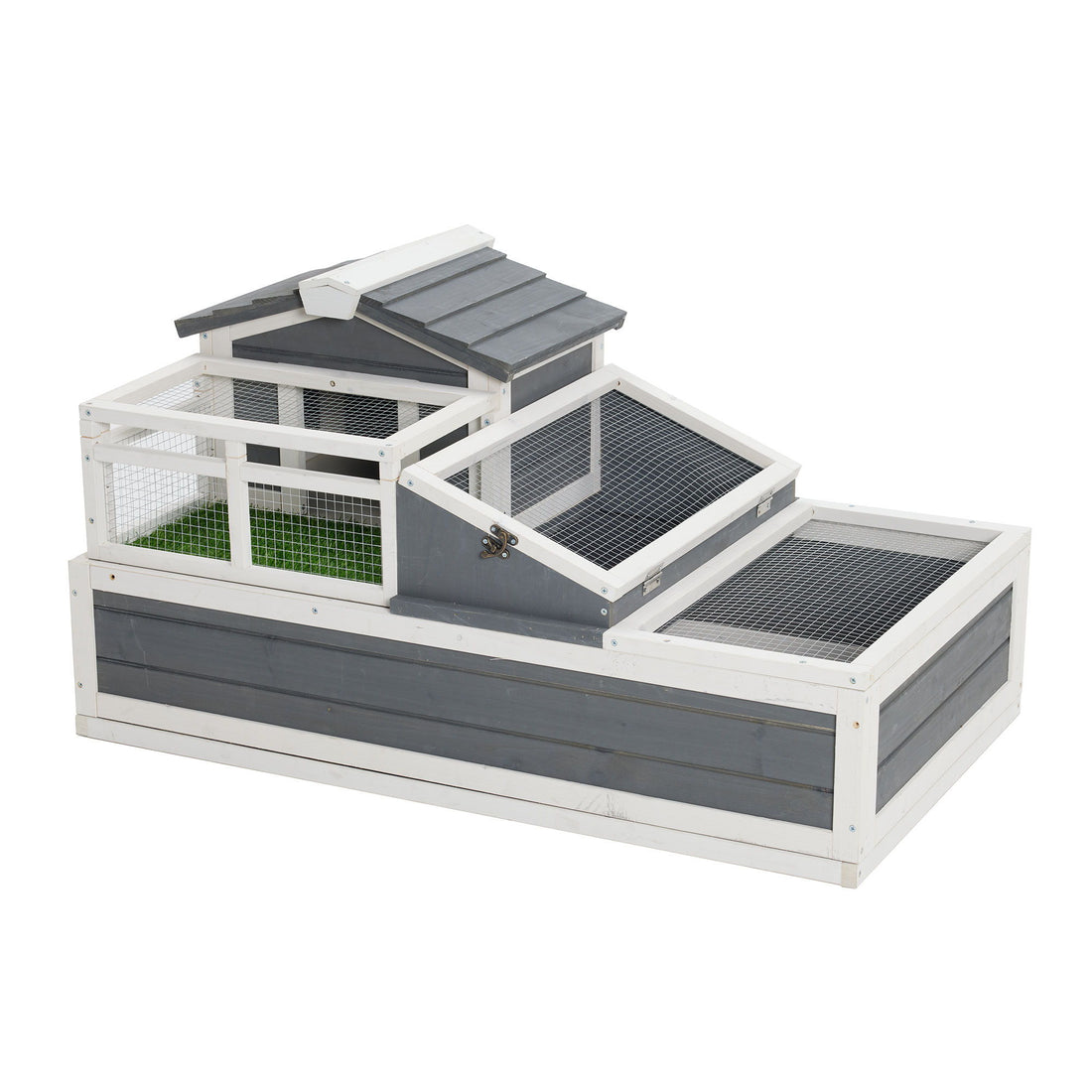 Luxury 3 Room Wooden Tortoise House Habitat With Turf Balcony &amp; 2 Stories - Gray / White