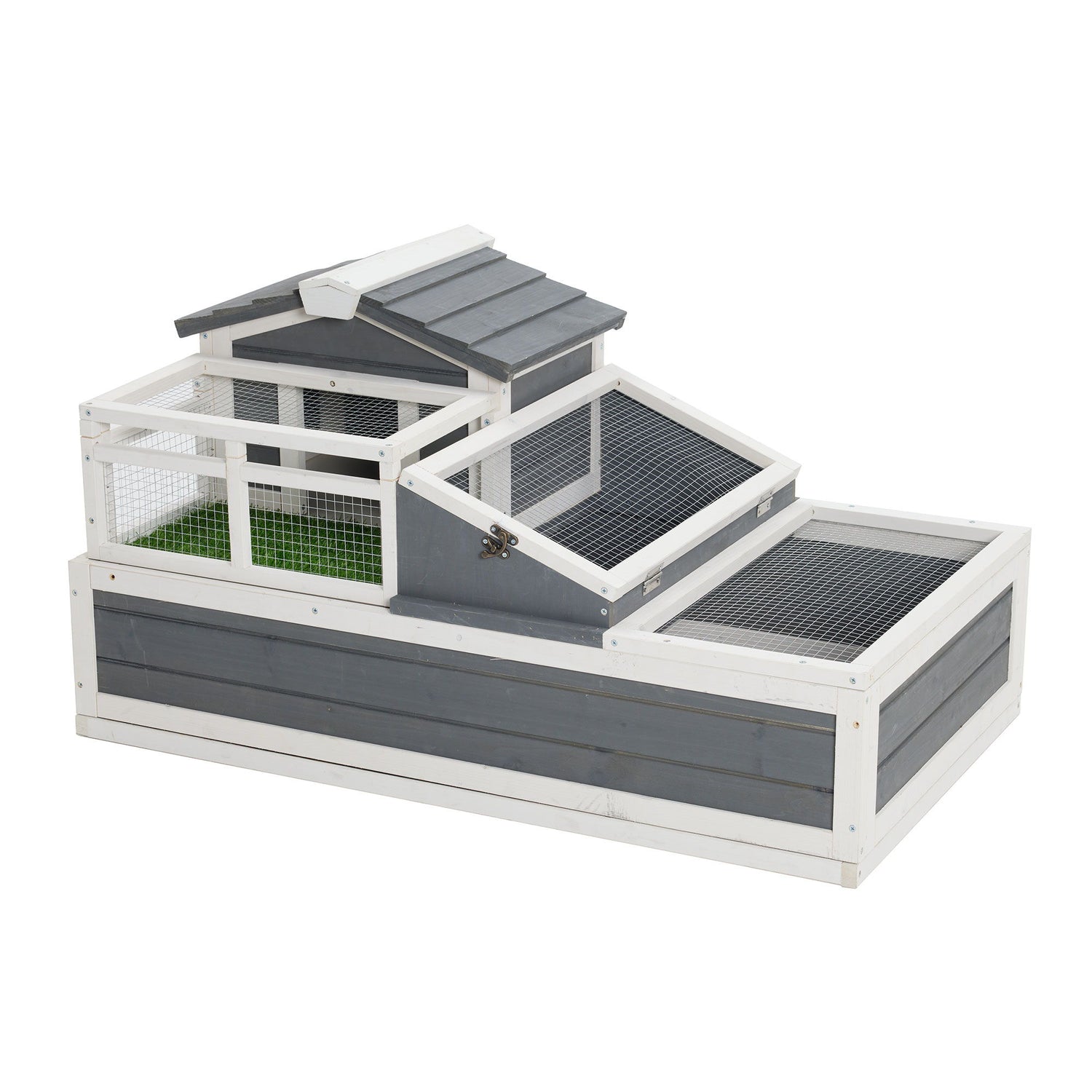 Luxury 3 Room Wooden Tortoise House Habitat With Turf Balcony &amp; 2 Stories - Gray / White