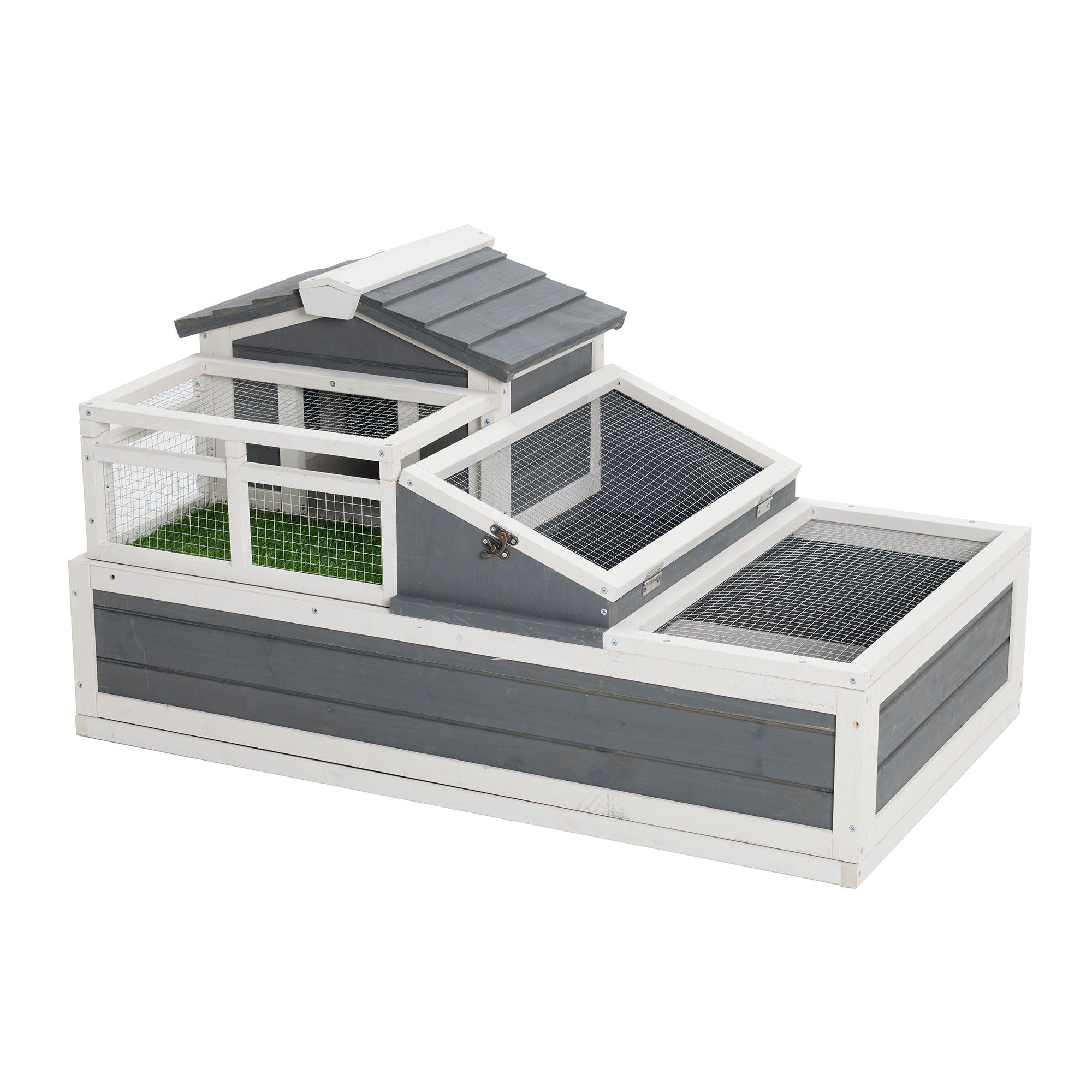 Luxury 3 Room Wooden Tortoise House Habitat With Turf Balcony &amp; 2 Stories - Gray / White