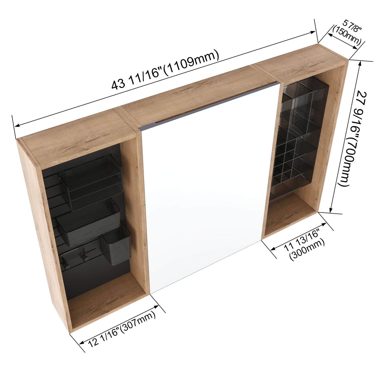Wall Mounted Bathroom Mirror Cabinet With Storage - Imitative Oak