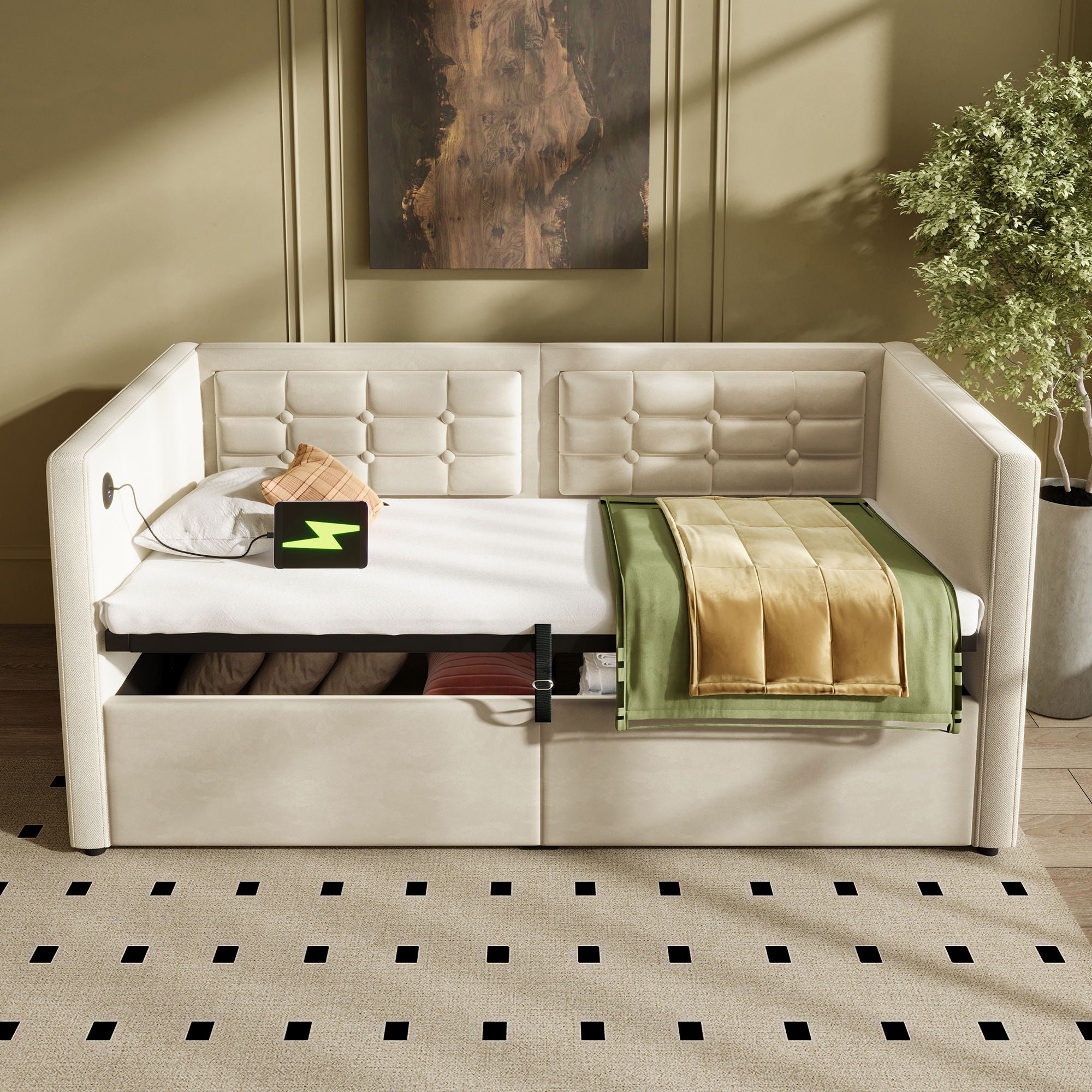 Upholstered Hydraulic Storage Daybed With USB &amp; Type C Charging