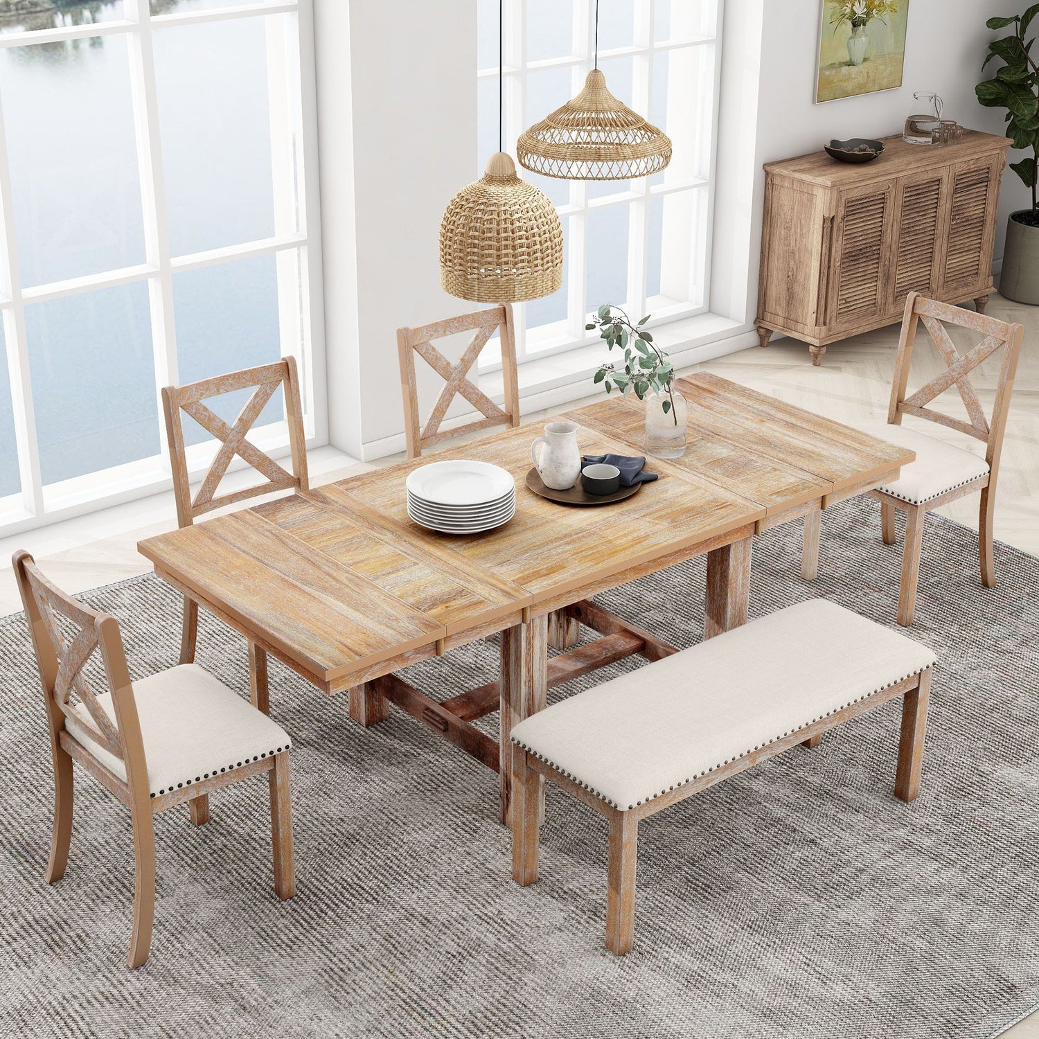 Topmax - 6 Piece Farmhouse Extendable Dining Table With Footrest, 4 Upholstered Dining Chairs And Dining Bench, Two 11&quot; Removable Leaf