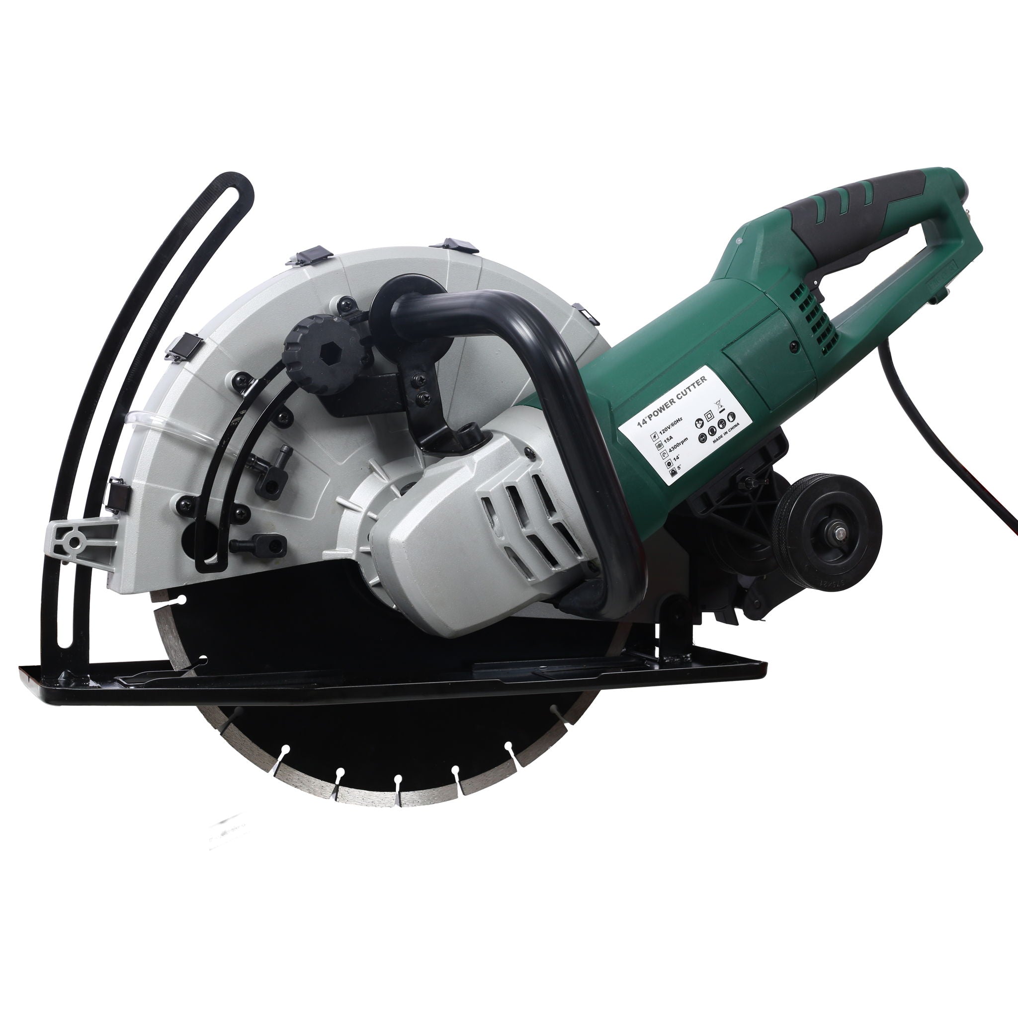 Portable Electric Corded Circular Concrete Saw 14&quot; Wet / Dry Cutter 2600W Green Steel With Water Line &amp; Guide Roller - Green