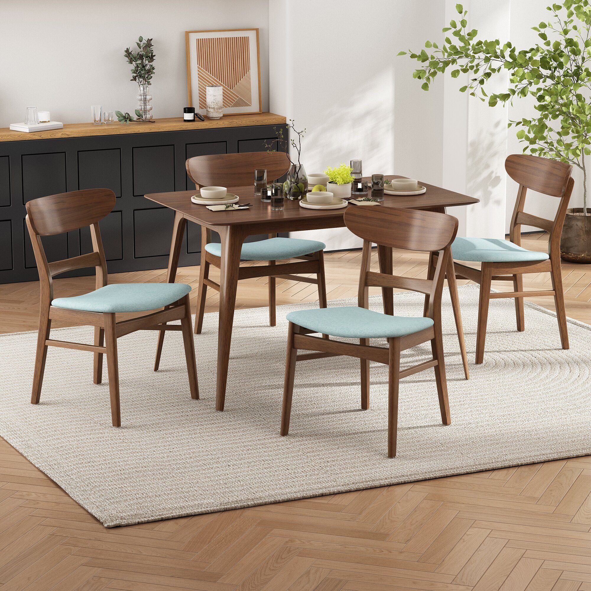 5 Piece Dining Set &amp; 1 Table And 4 Upholstered Chairs - Mint / Walnut