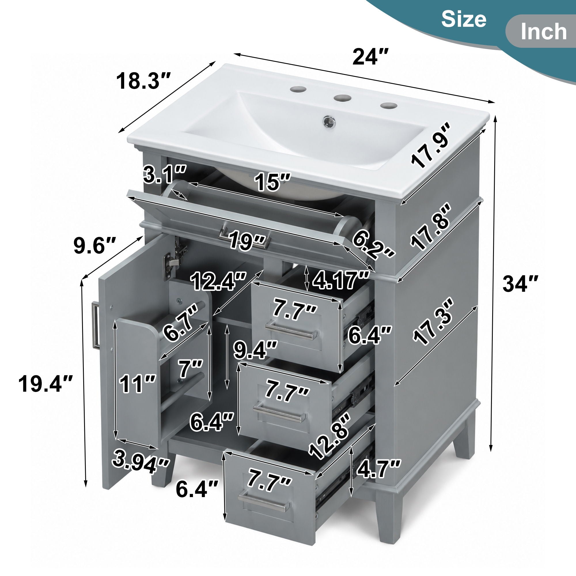Modern Bathroom Vanity With Sink, Flip Drawer &amp; 3 Drawers, Soft Close Hinges, Adjustable Shelf