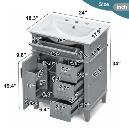 Modern Bathroom Vanity With Sink, Flip Drawer &amp; 3 Drawers, Soft Close Hinges, Adjustable Shelf