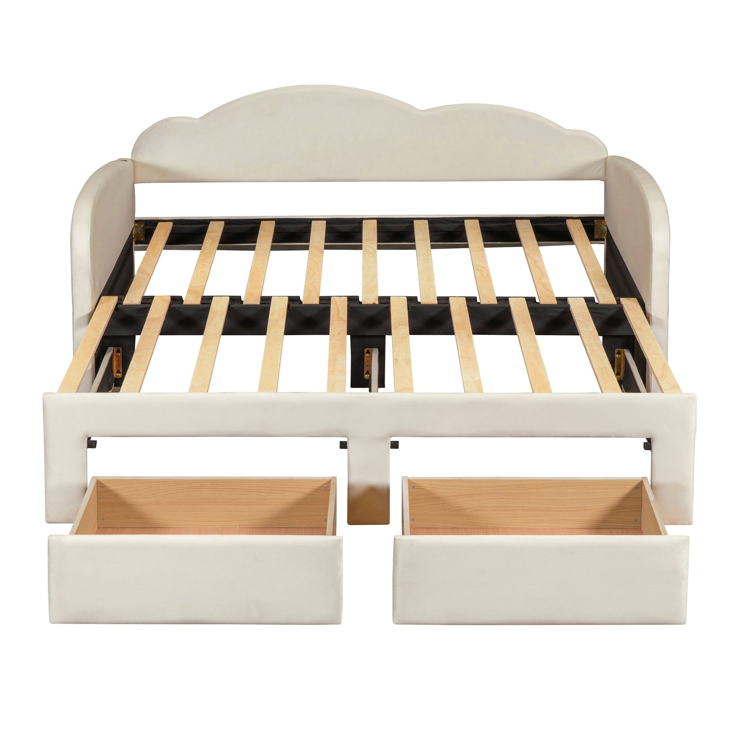 Upholstered Daybed With Cloud-Shaped Backrest, Trundle &amp; 2 Drawers And USB Ports