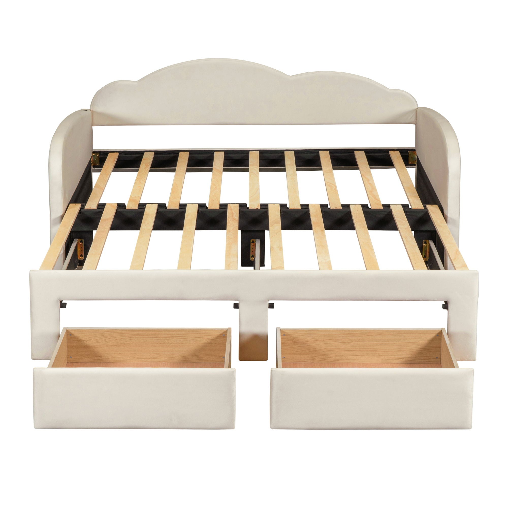 Upholstered Daybed With Cloud-Shaped Backrest, Trundle &amp; 2 Drawers And USB Ports