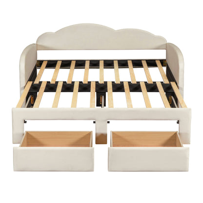 Upholstered Daybed With Cloud-Shaped Backrest, Trundle &amp; 2 Drawers And USB Ports