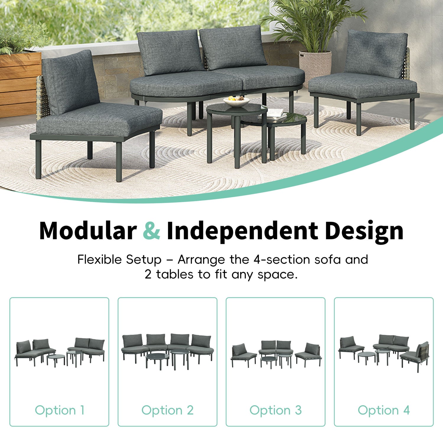6 Piece Patio Set, Half Moon Outdoor Sectional Sofa With 2 High Low Coffee Tables, 4 Pillows &amp; Cushions
