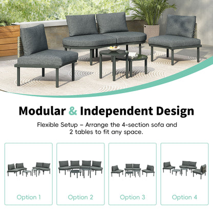 6 Piece Patio Set, Half Moon Outdoor Sectional Sofa With 2 High Low Coffee Tables, 4 Pillows &amp; Cushions