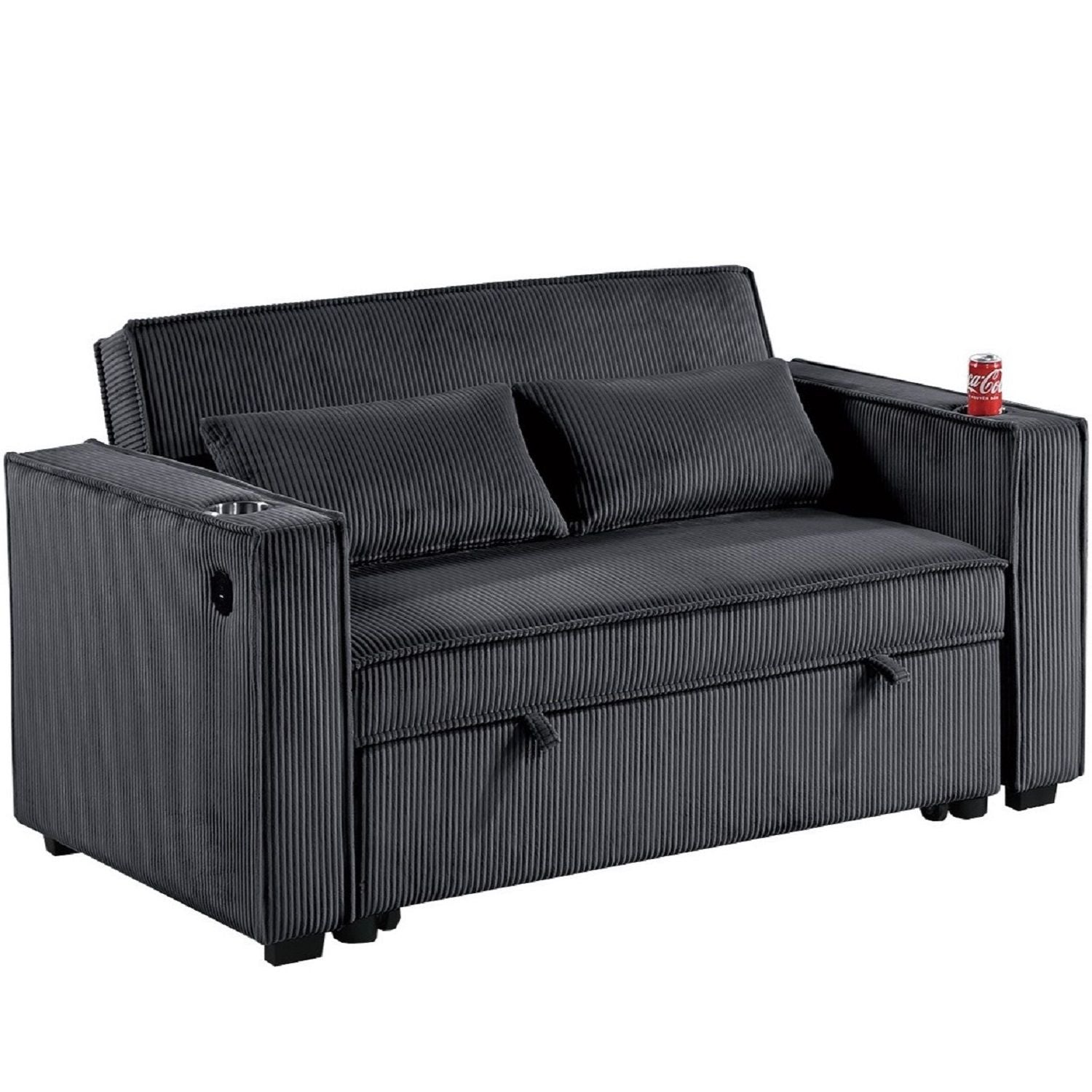 Modern Style Convertible Sofa With Pull-Out Bed, USB Ports &amp; Cup Holders