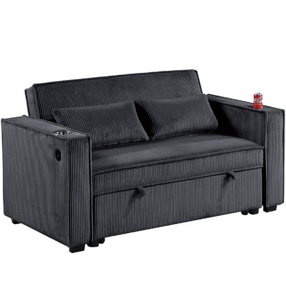 Modern Style Convertible Sofa With Pull-Out Bed, USB Ports &amp; Cup Holders