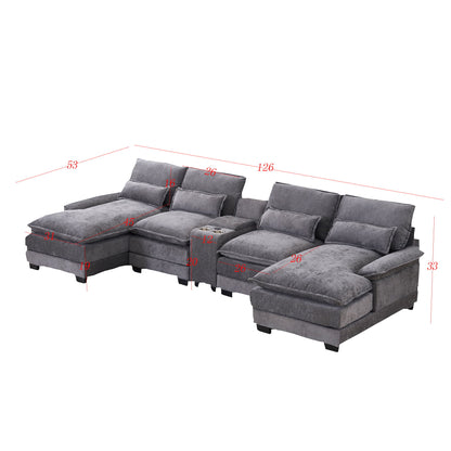U Shaped Sofa With Console, Cupholders, USB Ports, 6 Seat, Bronzing Suede &amp; Chenille