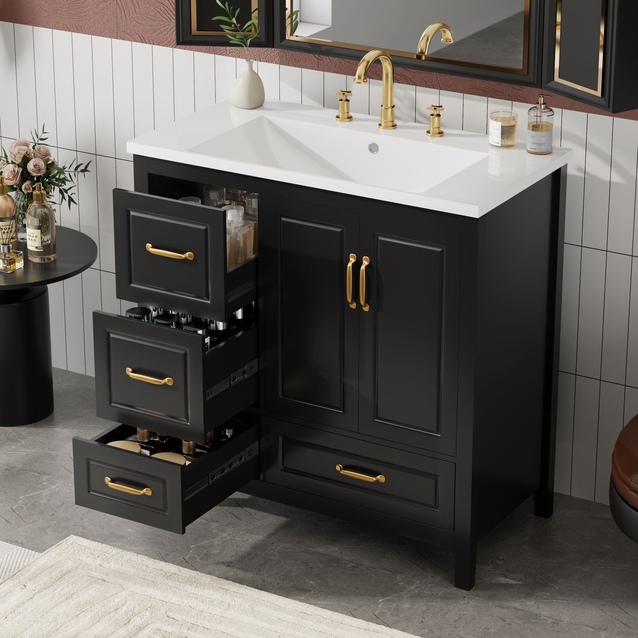 Bathroom Vanity With Sink, Soft Closing Doors &amp; Drawers, Metal Handles