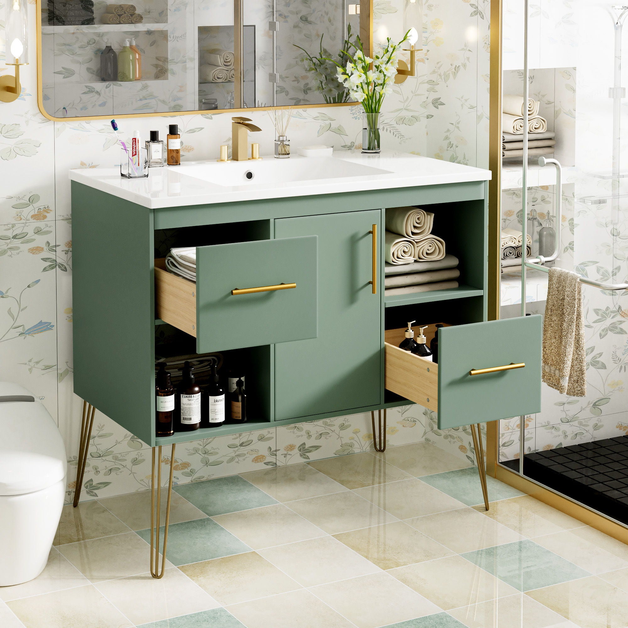 Bathroom Vanity With Resin Sink Combo Set, Modern Freestanding Single Bathroom Cabinet With 2 Drawers &amp; 2 Storage Compartments, Storage Cabinet For Bathroom, Frame Vanity Set - Green