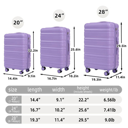 3 Piece 20" / 24" / 28" Spinner Luggage Set &amp; Combination Lock, Durable Hard Shell With 360° Silent Wheels - Blue / Purple