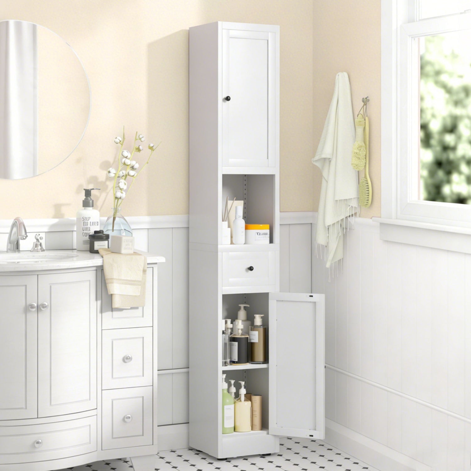 Tall Bathroom Storage Cabinet, 5-Tier Narrow With 2 Doors &amp; Adjustable Shelves, Freestanding - White
