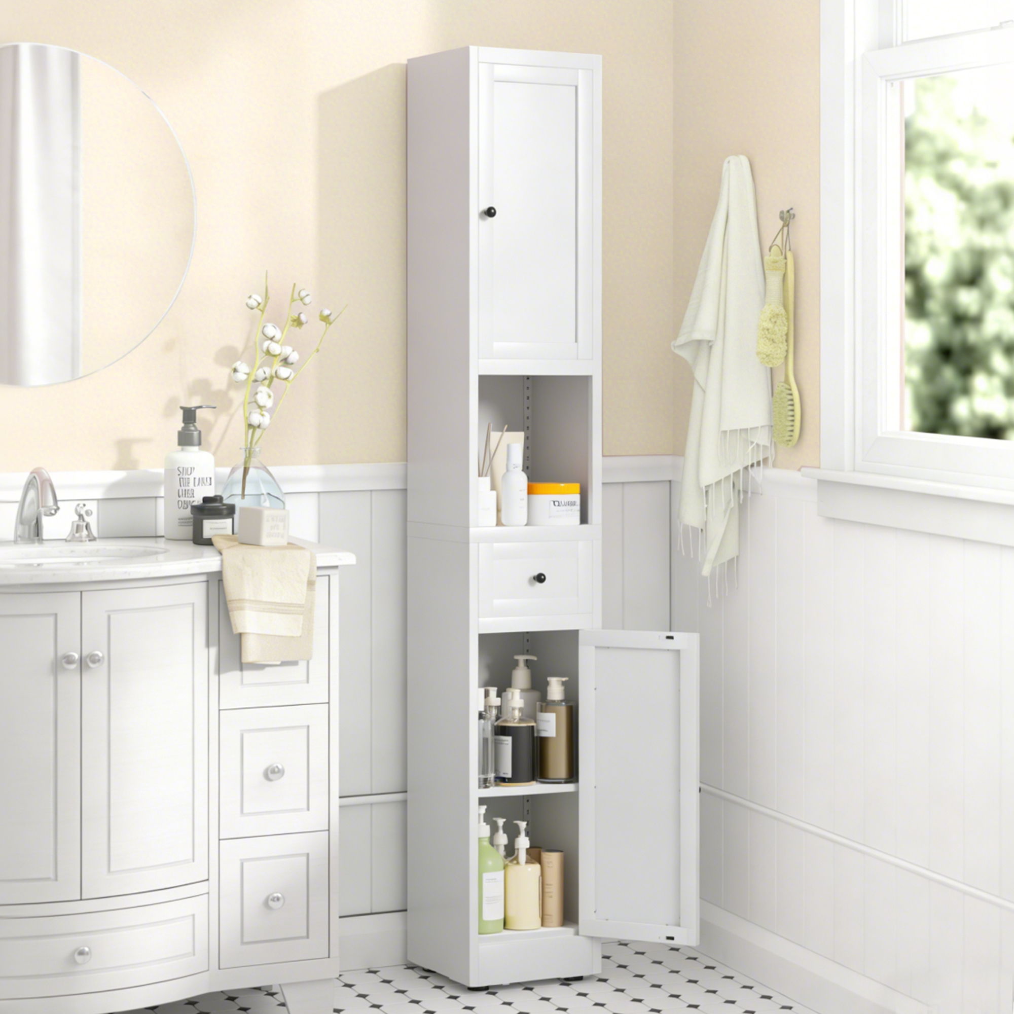 Tall Bathroom Storage Cabinet, 5-Tier Narrow With 2 Doors &amp; Adjustable Shelves, Freestanding - White