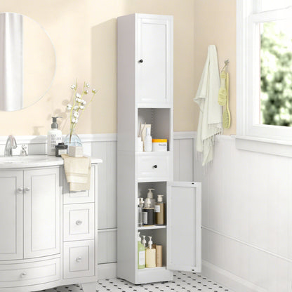 Tall Bathroom Storage Cabinet, 5-Tier Narrow With 2 Doors &amp; Adjustable Shelves, Freestanding - White