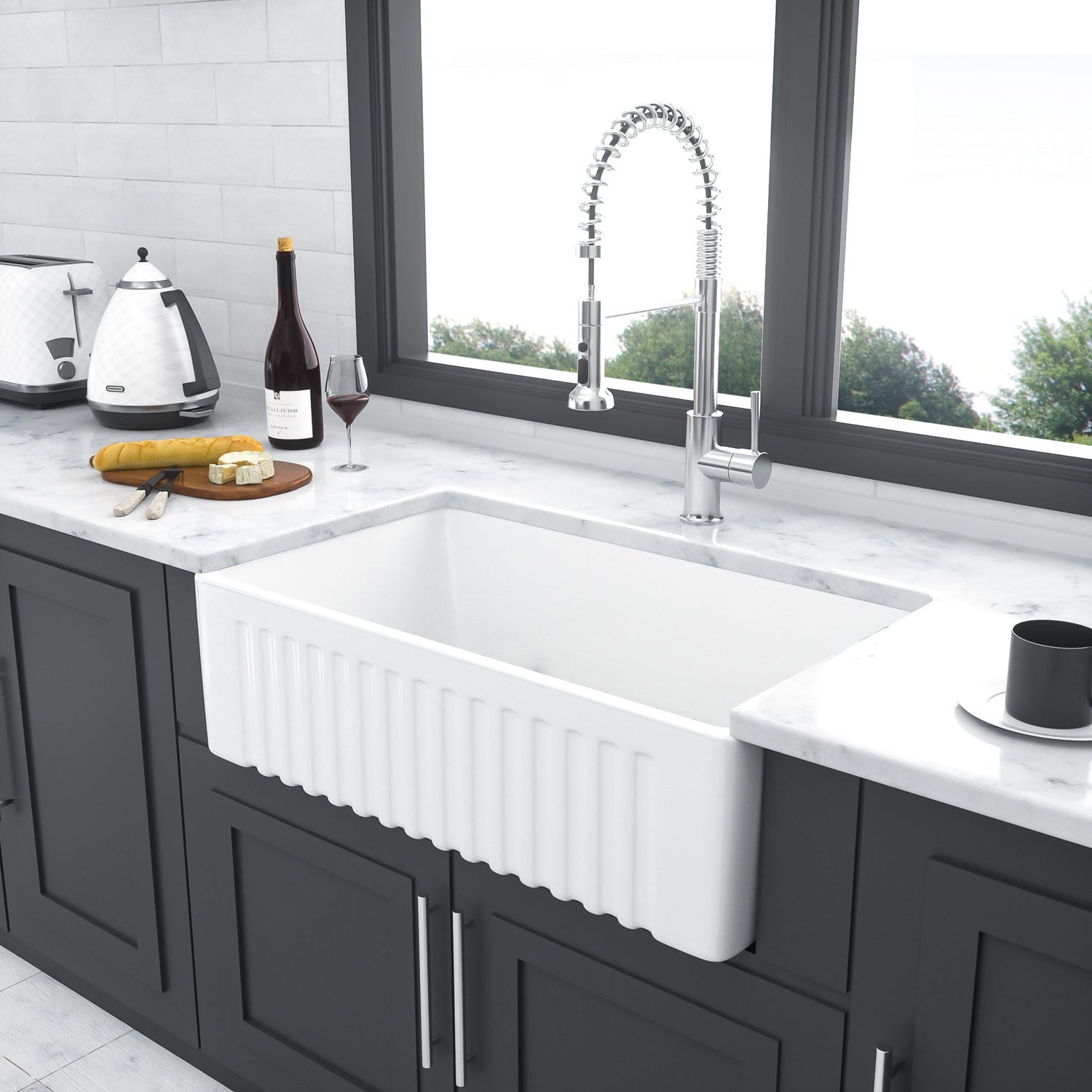 Sink 30&quot; Apron Front Reversible Single Bowl Kitchen Sink With Grid And Strainer - White