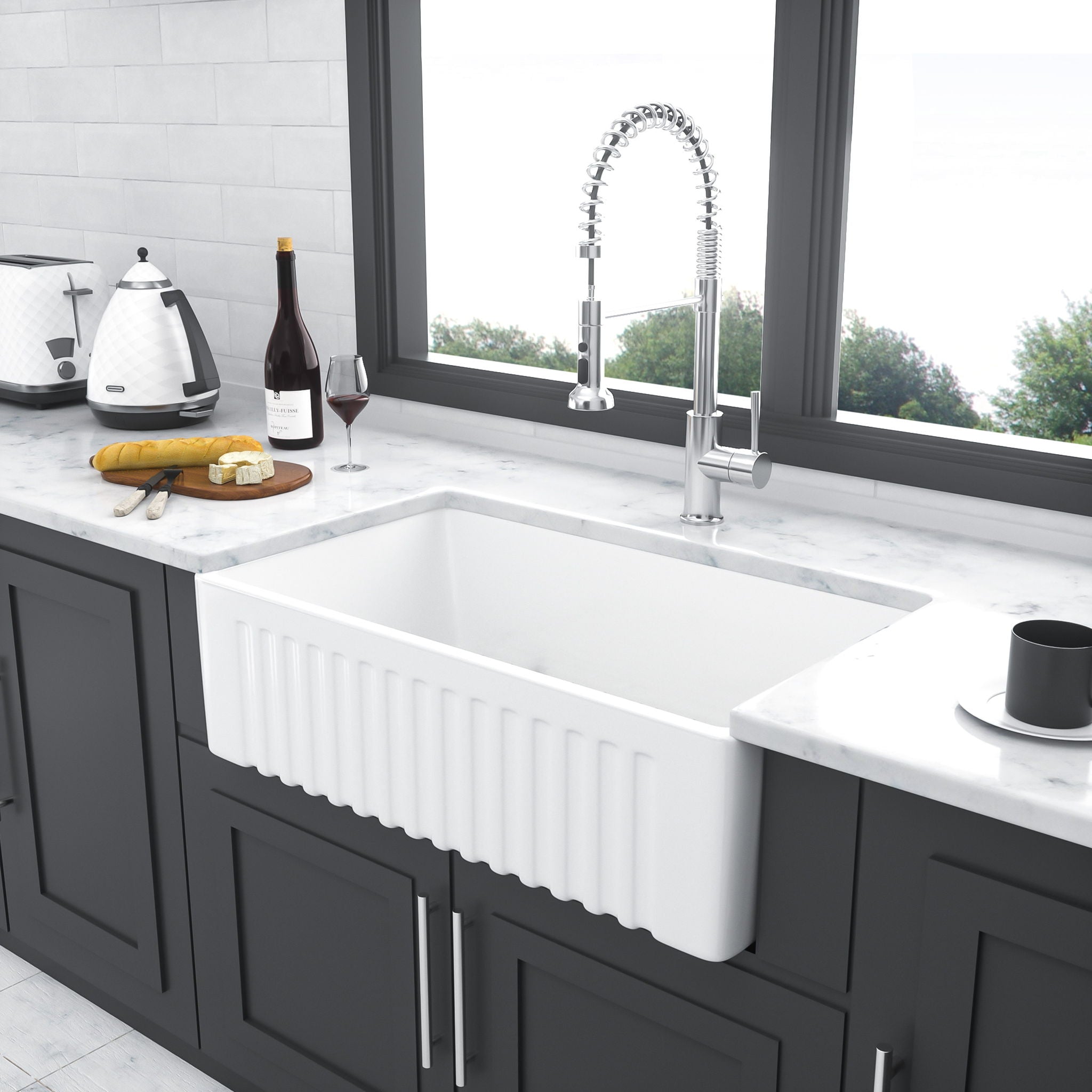 Sink 30&quot; Apron Front Reversible Single Bowl Kitchen Sink With Grid And Strainer - White