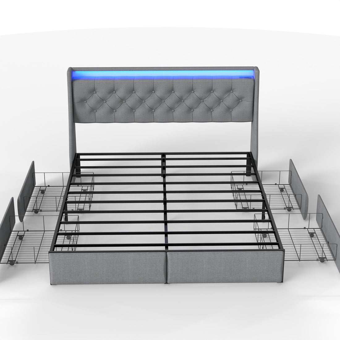 Platform Bed Frame With RGB LED Lights, Charging Station, Storage Headboard &amp; 4 Underbed Drawers