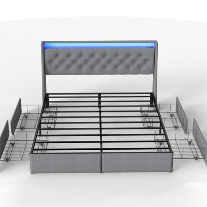 Platform Bed Frame With RGB LED Lights, Charging Station, Storage Headboard &amp; 4 Underbed Drawers