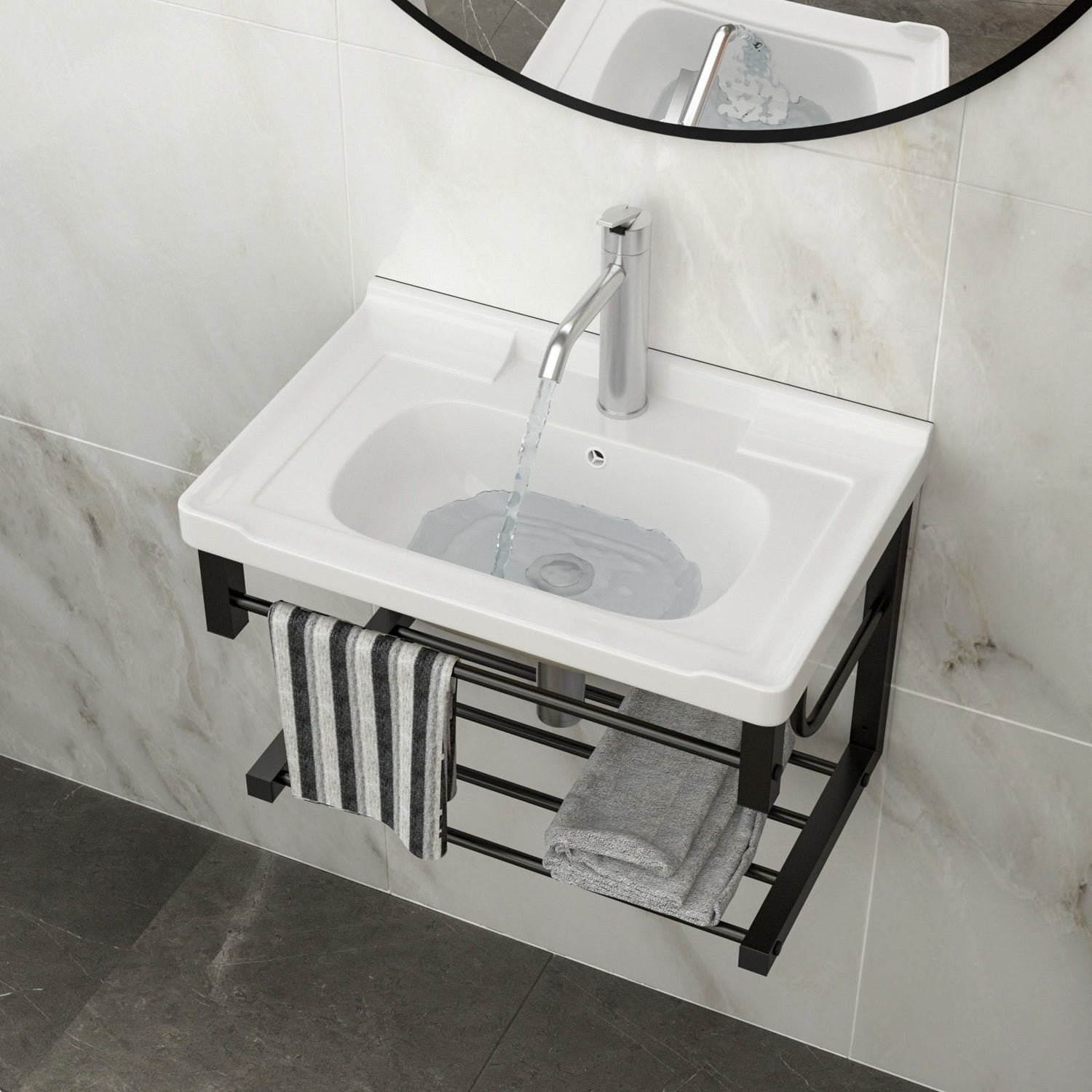 Wall Mounted Rectangular Bathroom Sink With Towel Bar &amp; Overflow - White