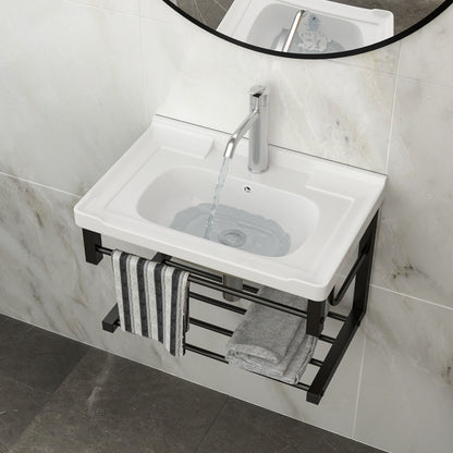 Wall Mounted Rectangular Bathroom Sink With Towel Bar &amp; Overflow - White