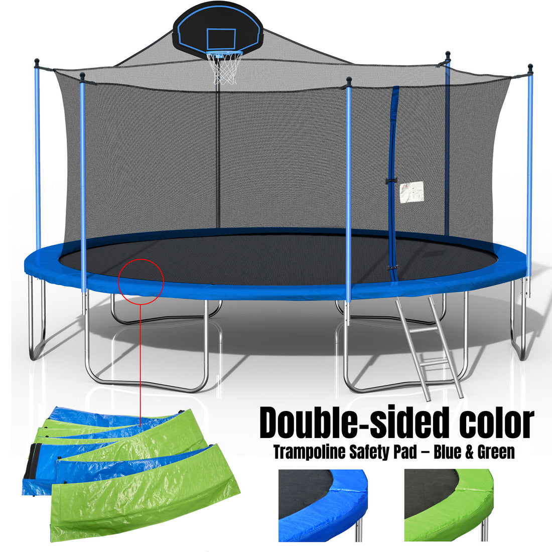 16Ft Trampoline For Adults &amp; Kids With Basketball Hoop, Double-Sided Cover, Outdoor Trampolines With Ladder And Safety Enclosure Net For Kids And Adults - Blue
