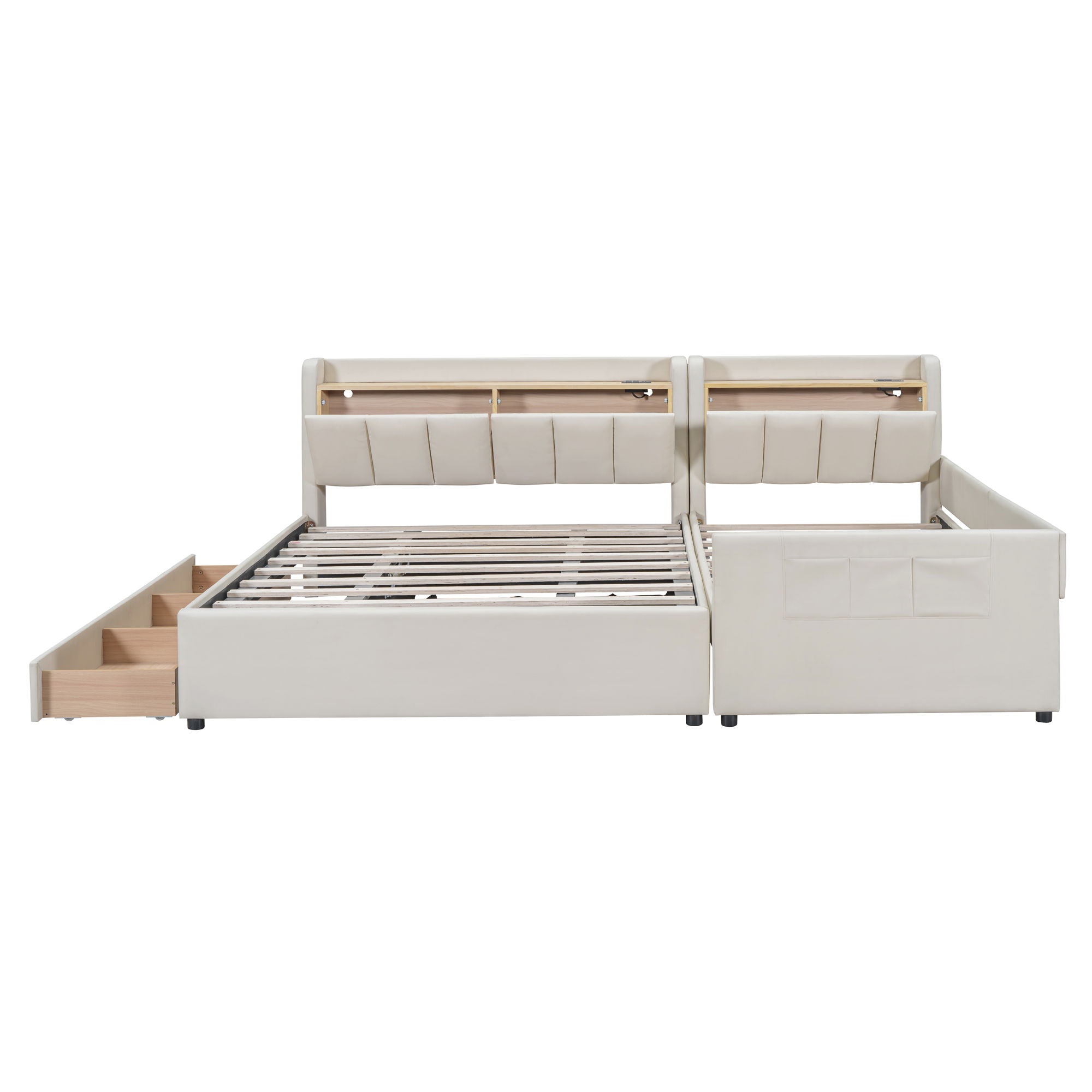 Upholstered Mother &amp; Child Bed With Hydraulic Storage System, Drawer Box, Bedhead Storage Shelf And 2 Pairs Of Sockets &amp; USB Ports
