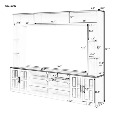 Wall Unit Entertainment Center With Bookshelves For TVs Up To 80&quot;, Tempered Glass Doors And Adjustable Shelves