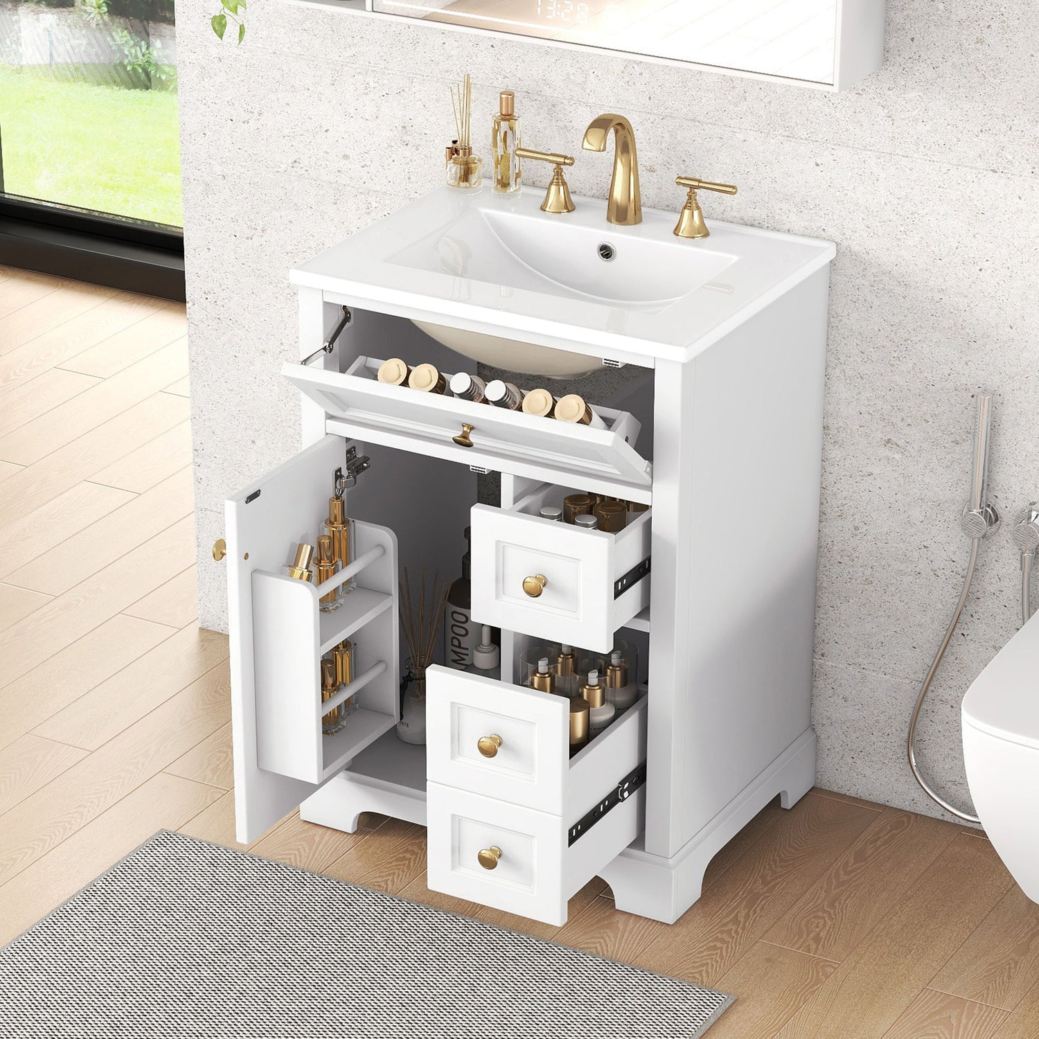 Modern Bathroom Vanity With Sink, 3 Drawers &amp; Cabinet With 2 Tier Door Storage