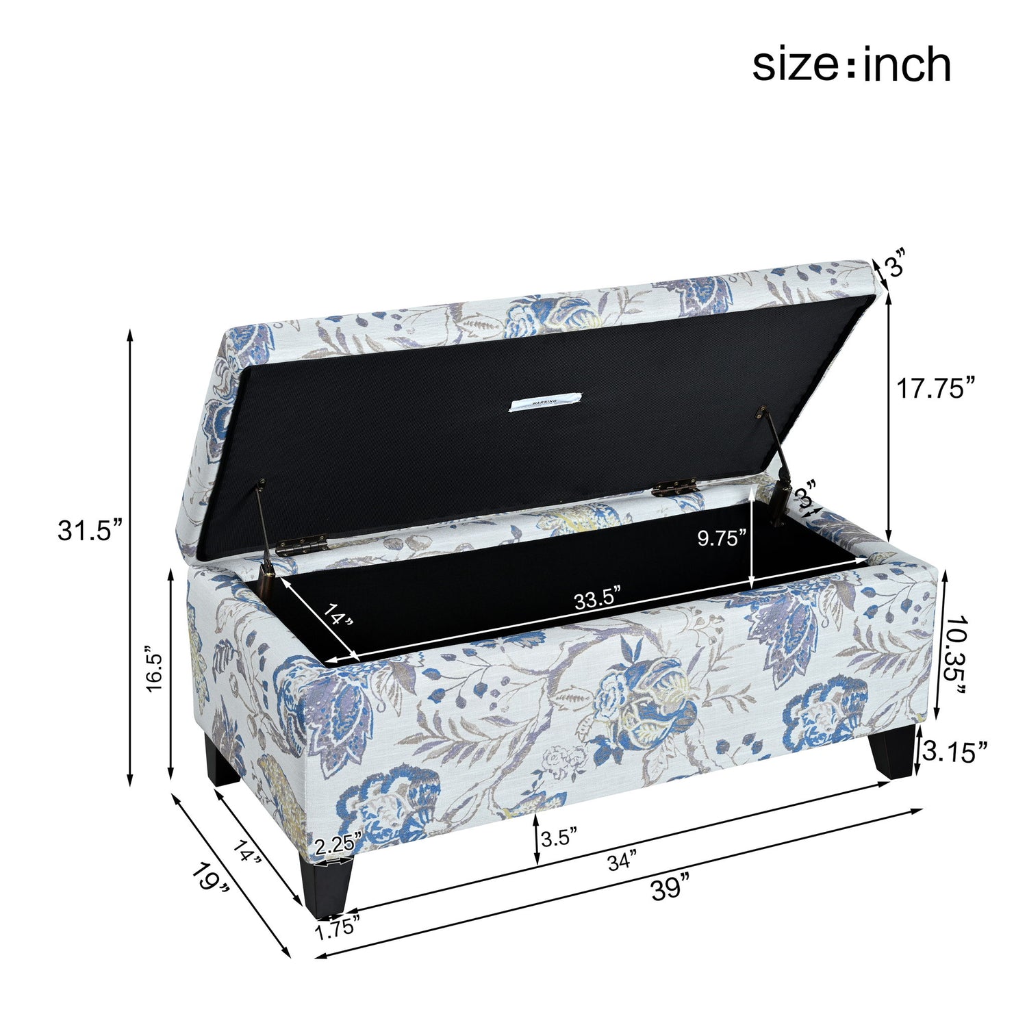 Luxury Storage Ottoman With Floral Patterned Fabric, Soft Close Hinges, Functional Footrest &amp; Seat - Blue Flower / Blue Multi