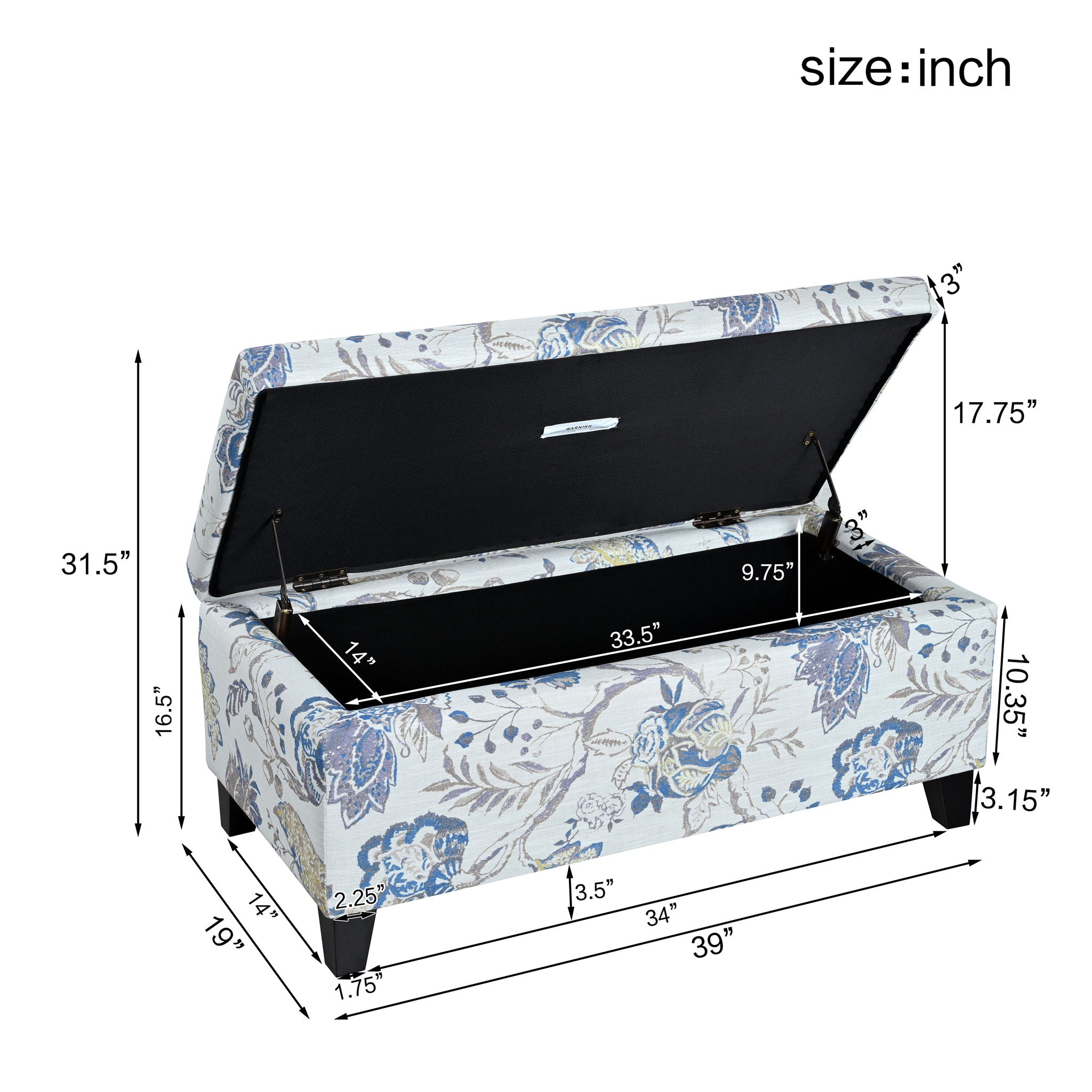 Luxury Storage Ottoman With Floral Patterned Fabric, Soft Close Hinges, Functional Footrest &amp; Seat - Blue Flower / Blue Multi