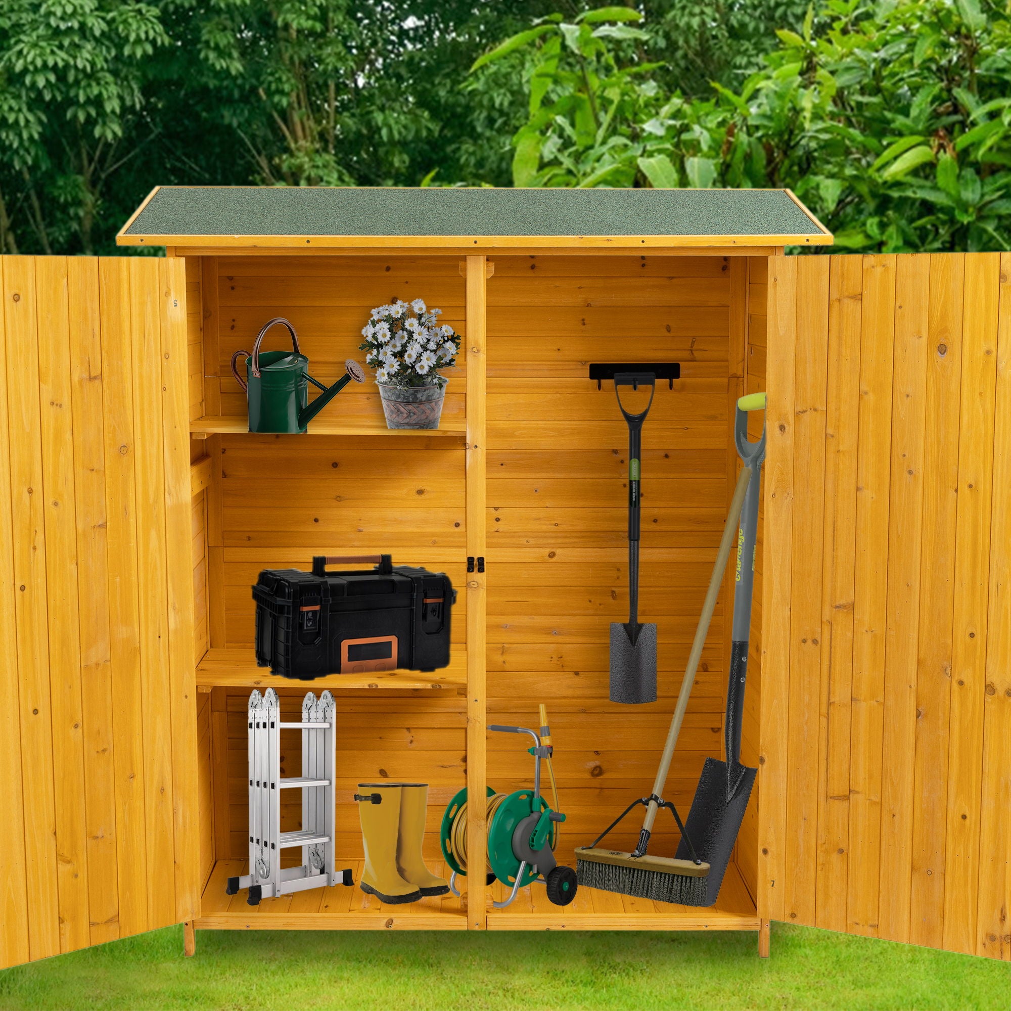 Outdoor Storage Shed With Lockable Door, Tool Storage Shed, Detachable Shelves &amp; Pitch Roof