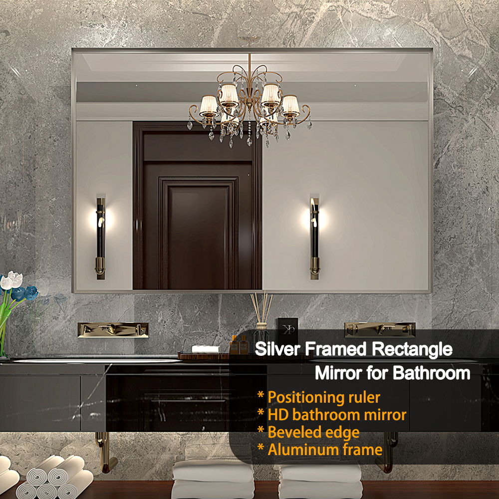48X30&quot; Wall Mounted Bevel Wall Mirror For Bathroom Silver Metal Frame Decorative Rectangular Home Decor Corner Hangs Farmhouse Mirror (Horizontal &amp; Vertical) - Silver