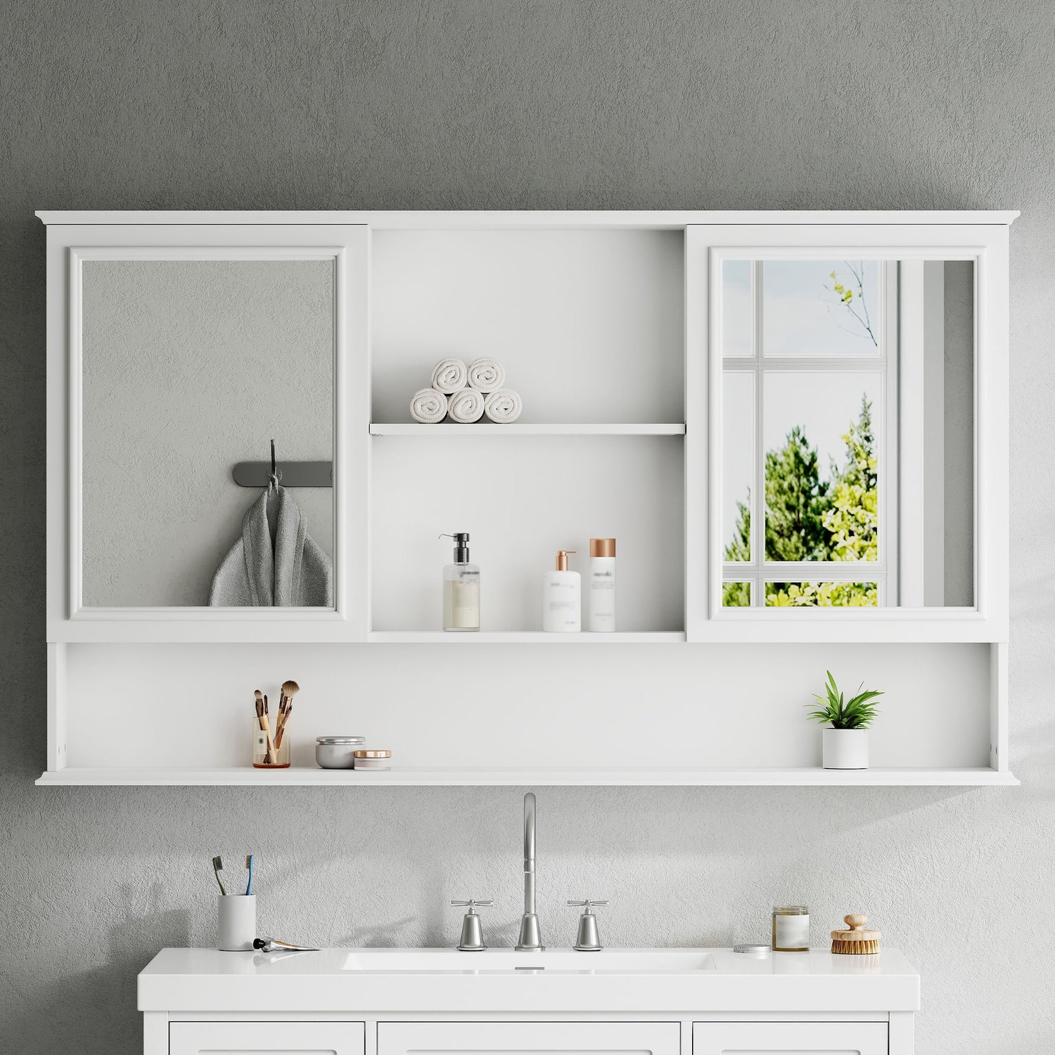 Wall Mounted Bathroom Medicine Cabinet With Double Mirrored Doors