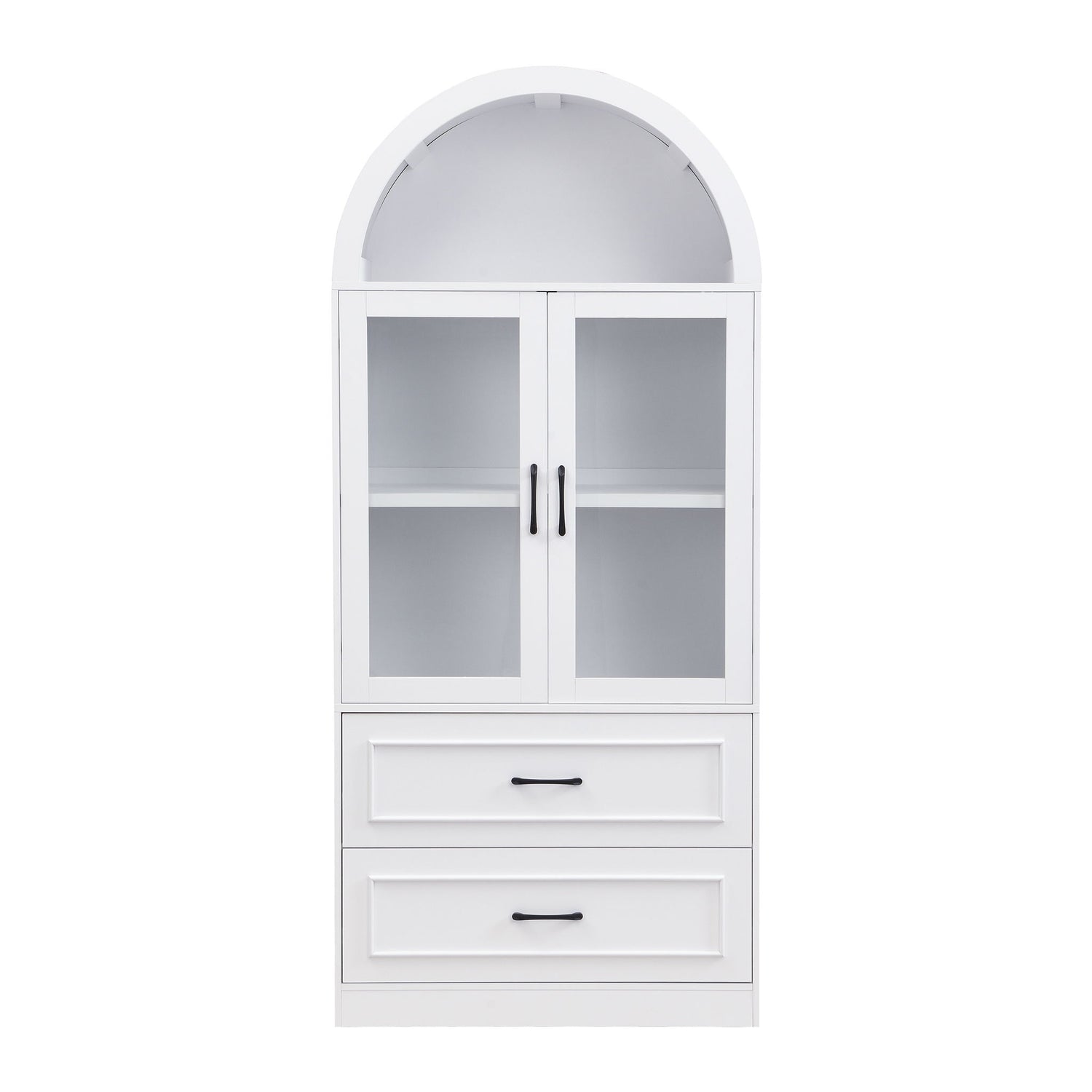Arched Top Storage Cabinet With Fixed 2 Tier Shelves, 2 Large Drawers