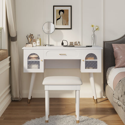 Elegant Vanity Makeup Table &amp; Chair Set Modern Dressing Table With Organizer Writing Desk Charging Port Engineered Wood - White