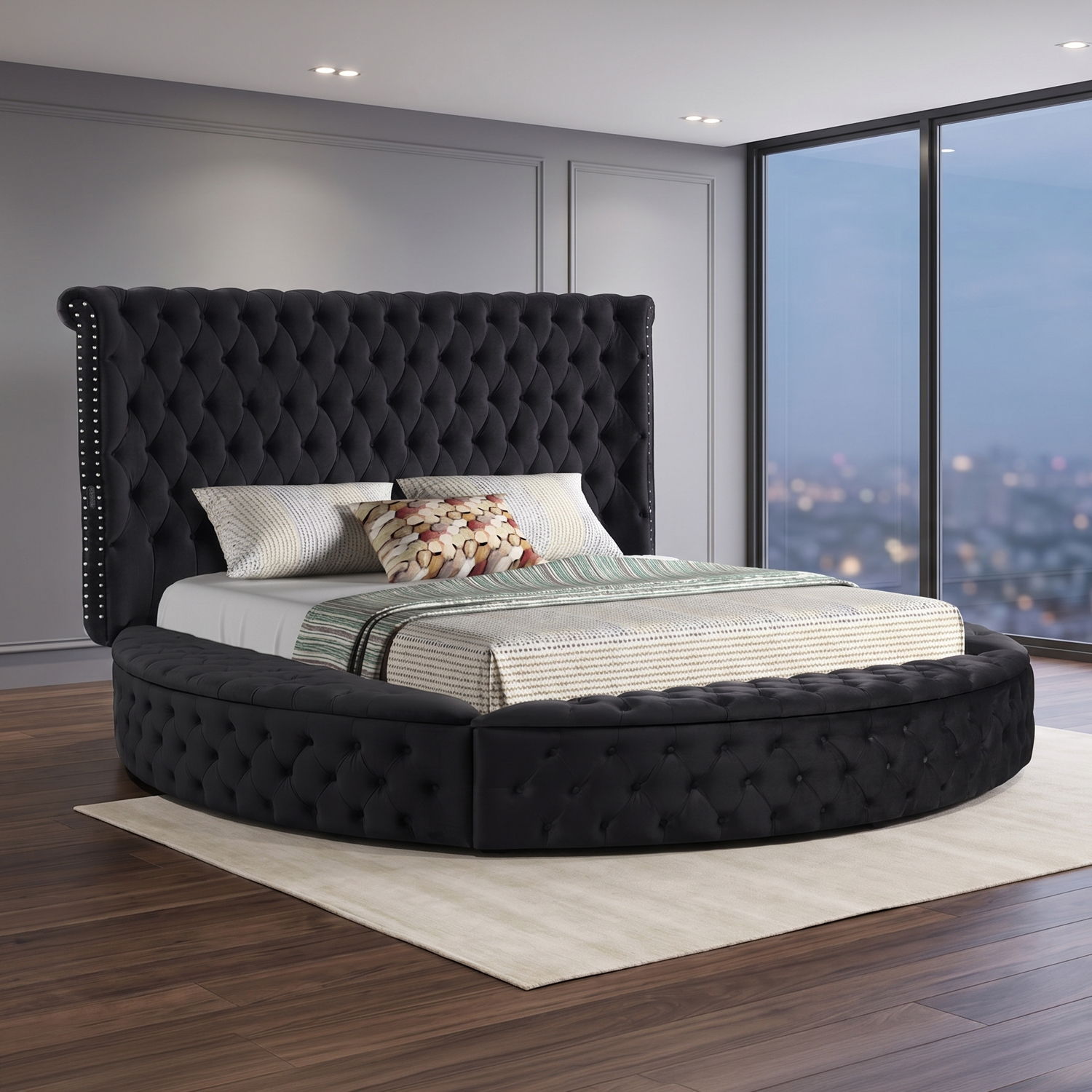 Hazel - Queen Size Tufted Storage Bed &amp; Bluetooth Speakers, USB Port - Black