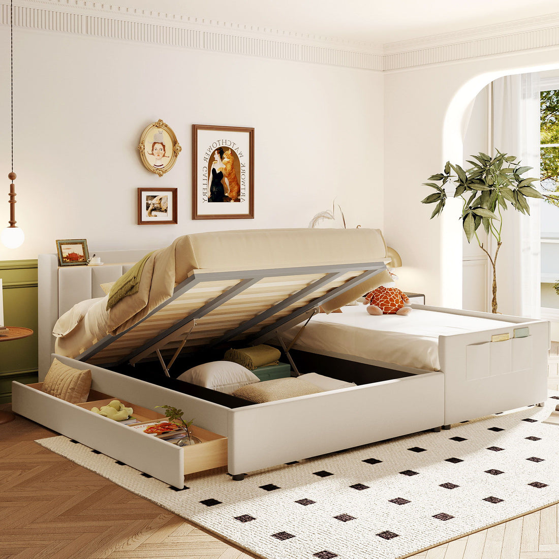 Upholstered Mother &amp; Child Bed With Hydraulic Storage System, Drawer Box, Bedhead Storage Shelf And 2 Pairs Of Sockets &amp; USB Ports
