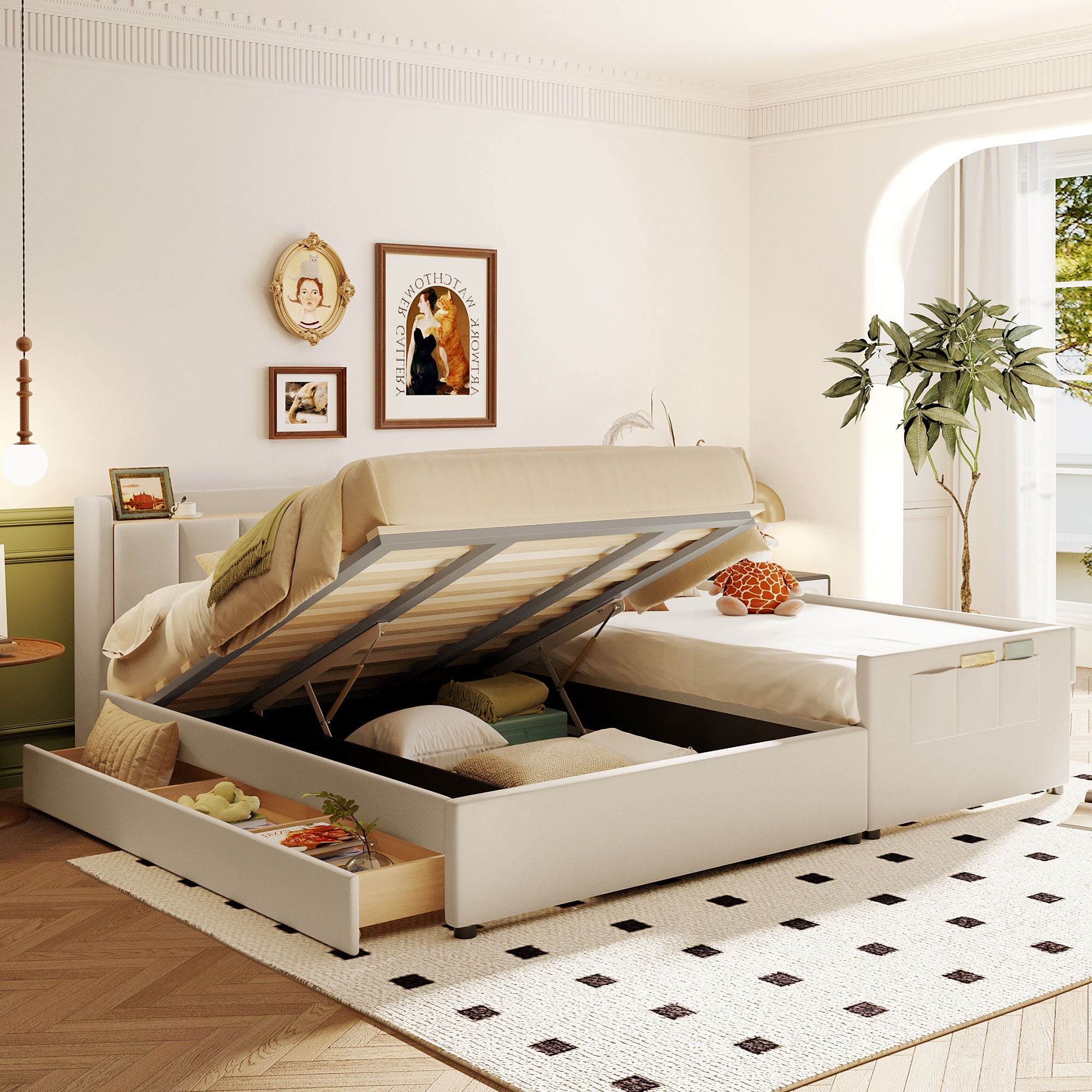 Upholstered Mother &amp; Child Bed With Hydraulic Storage System, Drawer Box, Bedhead Storage Shelf And 2 Pairs Of Sockets &amp; USB Ports