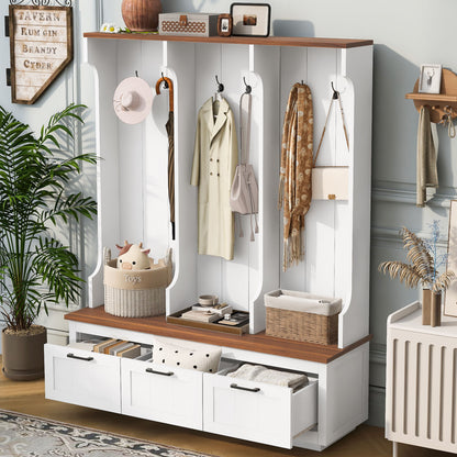Hall Tree With Bench And Shoe Storage, 3 Large Drawers, Open Storage Shelves &amp; Hooks