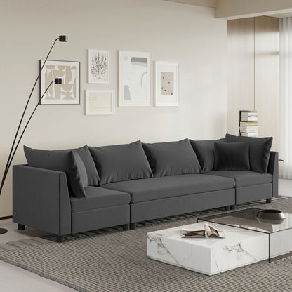 Modern Modular Sectional Oversized 4 Seat Couch Set &amp; 4 Pillows, Minimalist Style Wide Seat Comfy Sofa - Gray