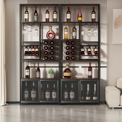 82.7&quot; Industrial Standing Wine Rack With Glass Rack Tall Freestanding Floor Bar Cabinet - Walnut / Black