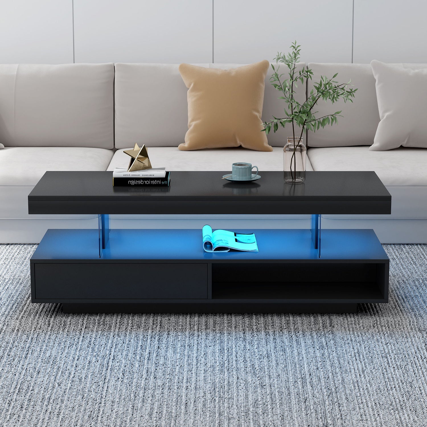 LED Coffee Table With 2 Drawers And Display Shelves